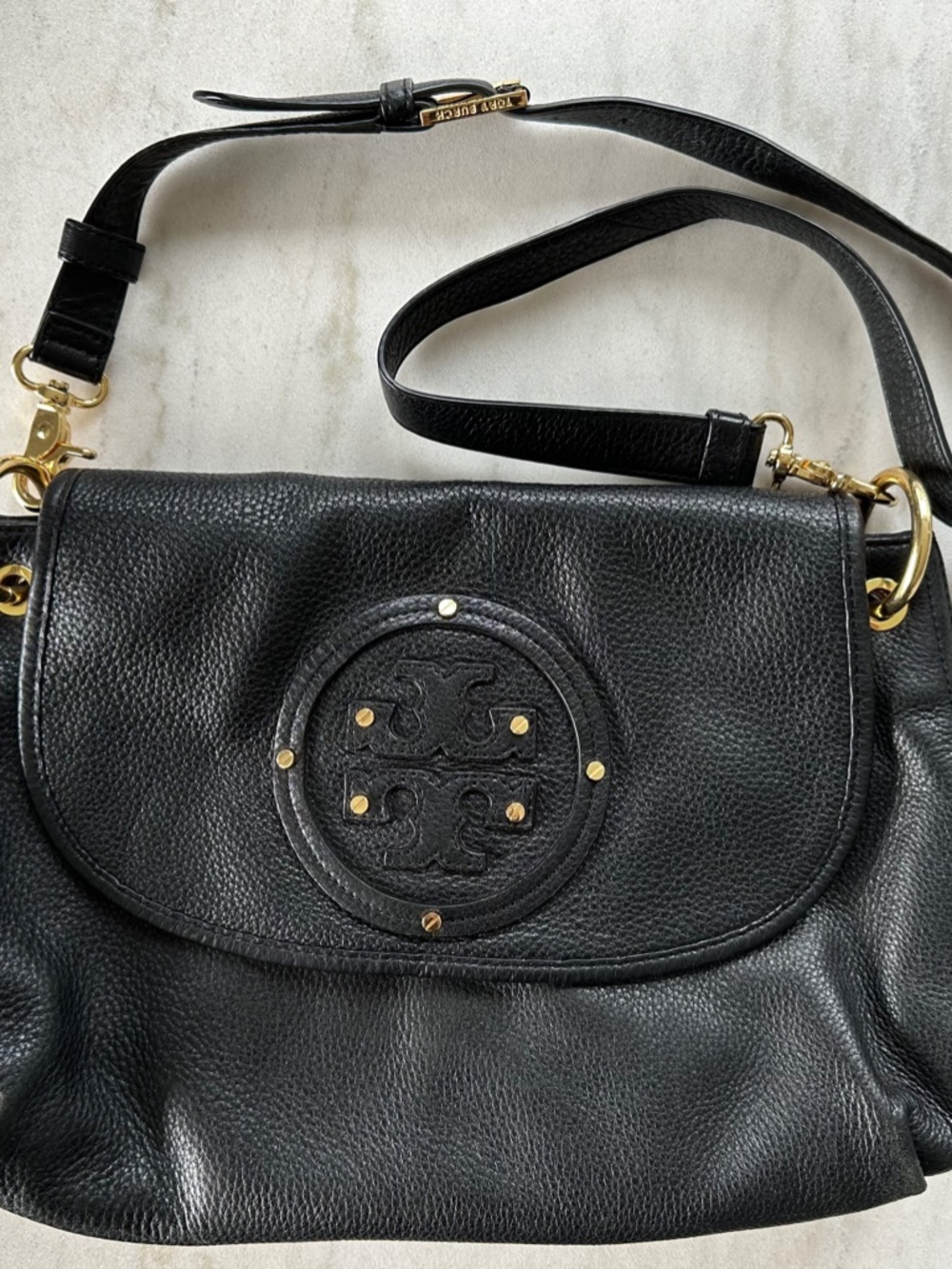 Tory Burch Black Pebbled Leather Crossbody Bag Gold Hardware Large Purse - Picture 2 of 13